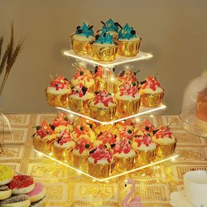 Andra evenemangsfestleveranser 3 Tier Clear Square Cupcake Stand Premium Acrylic Cake Tower Display Holder With LED Light String för bröllop födelsedagsfest 230217