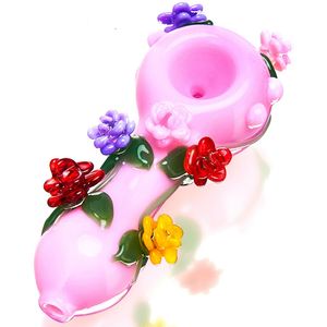 Colorful Pink Girly Flowers Pyrex Thick Glass Pipes Dry Herb Tobacco Spoon Bowl Filter Oil Rigs Handpipes Handmade Portable Bong Smoking Cigarette Holder Tube DHL