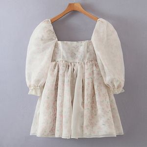 Casual klänningar sommarkvinnor båda sidor bär blommigt tryck chiffong organza sexig fyrkantig nacke puffhylsa semesterfest kort vestido 230217