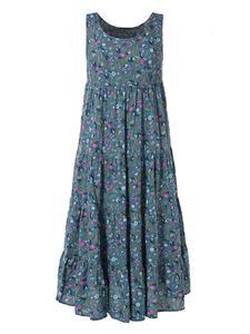 Casual Dresses Floral Print Bohemian Summer Sleeveless O-Neck Cotton Linen Women Boho Holiday Beach S-5XL 230217