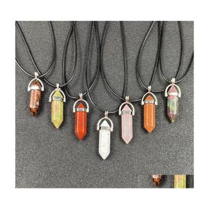 Pendant Necklaces Healing Crystal Natural Stone Pillar Shape Charms Turquoise Tiger Eye Green Rose Quartz Rope Chain Yydhhome Drop D Dhe2I