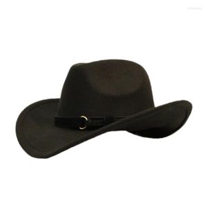 Berretti Retro cinturino in pelle nera unisex donna uomo / bambino bambino lana a tesa larga cappello da cowboy occidentale cowgirl bombetta 54-57-61 cm