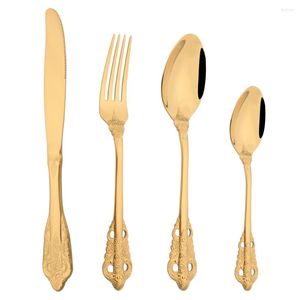 Dinnerware Sets 4Pcs Gold Stainless Steel Silverware Western Tableware Set Vintage Knife Fork Spoon Cutlery Kitchen Home Flatware