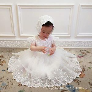 Girl Dresses Baby Girls Rustic Lace Dress For Born Flare Sleeve White Baptism Costume Hat Hallow Out Wedding Flower