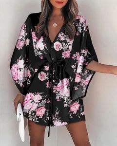 Casual Dresses Boho for Women Summer Loose Print V-Neck Batwing Sleeve Lace-Up Irregular Mini Dress Vestido 230217