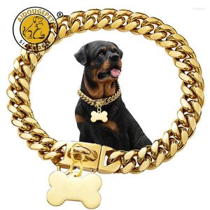 Dog Collars Stainless Steel Gold Collar With Bone Tag Link Chain Metal Silver Pet Necklace For Small Big Walking Training