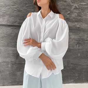 Women's Blouses Simple Fashion Off Shoulder Blouse Women Elegant Long Sleeve Button Solid Shirt Sexy Hollow Out Lantern Tops Blusa