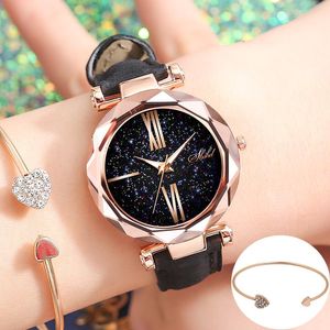 Relógios de pulso couro de couro de céu Sky Woman Watch Conjunto de 2pcs ponteira luminosa Ladies Relógios Roman Dress Watchwatch Bracelet Casual Zegarek Damskiwr