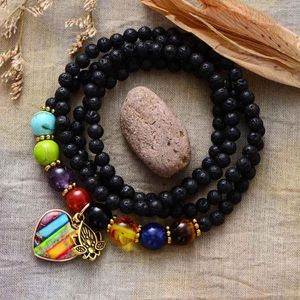 Pendant Necklaces Lava Stone Energy Balance Chakra Heart Charm Women Beaded Strand Necklace Elastic Yoga Bracelets Bohemia Lotus Jewelry