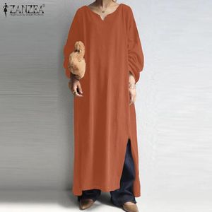 Casual Dresses Autumn Cotton Linen Kaftan Vintage Solid Long Dress Women Sleeve Split Sundress Vestidos Female Robe Plus Size