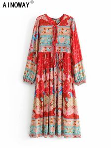Vestidos casuais vintage chic moda feminina manga longa borla com estampa floral vermelha praia bohemiana maxi ladies algodão plissado bobe boho manto 230217