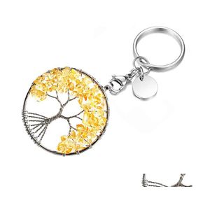 Nyckelringar Natural Broken Stone 5cm Wrap Tree of Life Keychains Healing Rose Crystal Car Decor Keyholder For Women Men Drop Delivery J DHHG5