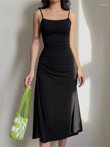 Casual Dresses Fashion Strappy Ruched Women Clothes Sexy Black Dress Irregular Elegant Backless Long Party Summer Vestidos Robe