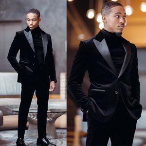 Slim African Black Velvet Wedding Tuxedos 2023 Coat And Pant Boyfriend Men's Suits For Wedding Costume Peaky Blinders Fitted Tuxedo Man Plus Size Groom Suit Boho