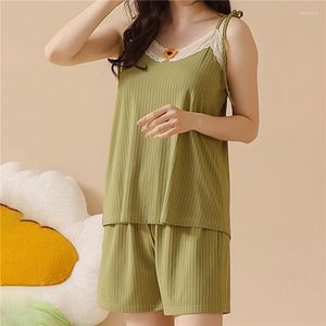 Women's Sleepwear Summer Suspenders Pajamas Female Simple Student Thin Ice Silk Shorts Vest V-neck Lace Sexy Loose Two-piece Suit Casual