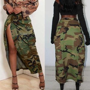 Plus Size 3xl Women Camouflage Dress Designer New Long Tassel Skirt Fashion Personality Wash Pocket Slit Gonne