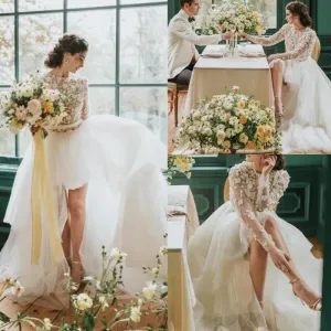 Ślubne sukienki boho suknia ślubna Tiul d Floral koronkowy aplikacja klejnot klejnot szyi iluzja Ruche pliski wysokie niskie długie rękawy kraj