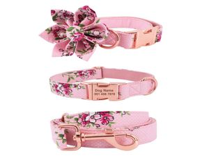 Pink Retro Girl Dog Collar Dog Flower and Leash Set for Pet Dog Cat com fivela de metal de ouro rosa p08318371894