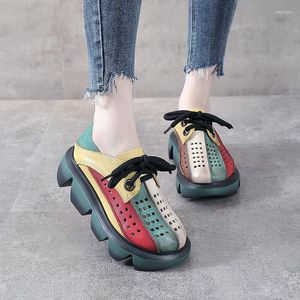 Sandals Summer Rainbow Toe Layer Cowhide Thick-soled Sponge Cake Hollow Single Shoe Hole Women's Shoes Wedge Leather Women