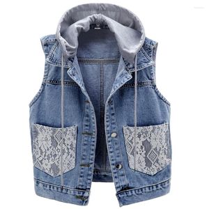 Giacche da donna Cappotto da donna corto in denim con tasca in pizzo Cappotto con cappuccio in jeans senza maniche slim primavera autunno Top casual