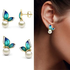 Stud Earrings Butterfly Pearl Earring Creative White Zircon Ear For Women Enamel Drop Glue Studs Wedding Party BanquetStud