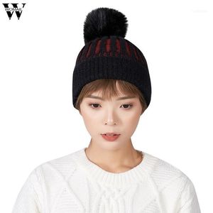 Berets Hat Women's Mink And Fur Ball Cap Pom Poms Winter For Women Girl 's Knitted Beanies Thick Female S231