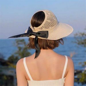 Szerokie brzegowe czapki składane duże Bowknot Sun Hat 2023 Kobiety Summer Outdoor Beach UV chroniona słomka czapka przenośna moda Visorswide