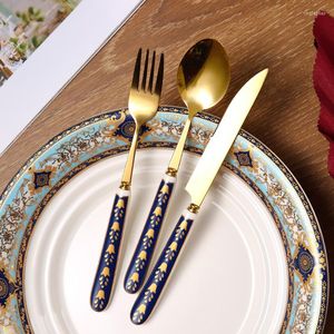 Учетные наборы посуды Retro Art Cutlery Set Ceramic Homevate Portable Servies Nearse Steel и вилка Setvajillas свадебное украшение