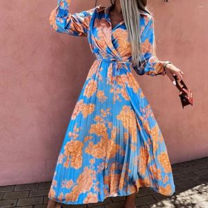 Casual Dresses Flower Printed Belt Shirt Maxi Dress Turn-Down Collar Long Sleeve Pleated Large Hem Holiday Anti-Pilling High-mist