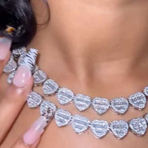 Women Icy Jewelry Heart Baguette Necklace Chain Women Bling Diamond Cz Heart Tennis Choker Iced Out Chunky Heart Tennis Necklace