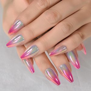 Falska naglar Medium Coffin Pink Grey Chrome Nail Purple Top Cellofane Holographic Gradient Press On Tip Full Cover Fingernails With Tab