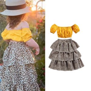 Set di abbigliamento Ragazze Moda Estate Vestiti per bambini Solido con spalle scoperte Top corto Gonna leopardata 2 pezzi Bambini