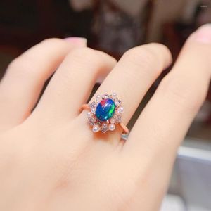 Cluster Rings 925 Sterling Silver Black Opal Natural Gem Jewelry Ring Women's Luxury Necklace With Free Christmas