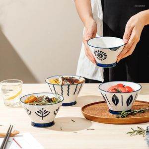 Dinnerware Sets Ceramic Bowl Blue White Hand Painted Creative High Foot Household Rice Breakfast Underglaze Color Tableware