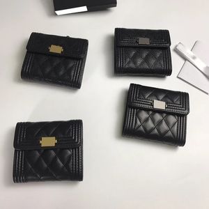 Damen-Designer-Sac-Boy-Kartenhalter-Geldbörse, schwarze Geldbörse, Kaviarleder, Kalbsleder, Lammleder, Antikgold/Silber, Metallbeschläge, dreifach faltbare Clutch