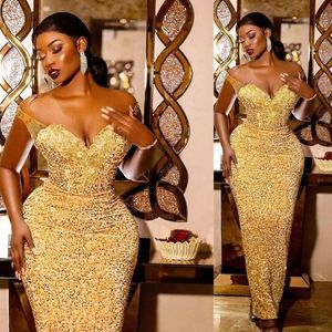 2023 Sparkly Gold Squins Mermaid Evening Dresses Straps Beaded Alkle Length Custom Made Cormal Exeration Arabic Prom Gown vestidos