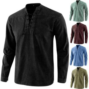 Magliette da uomo Camicia casual vintage Top da uomo tinta unita con lacci