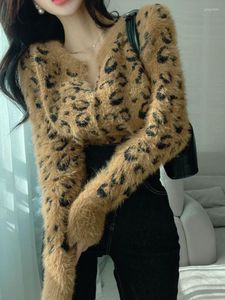 Kamizelki damskie jesienne koreańskie sweter retro lampart elegancki elegancki pluszowy Plush Jacquard Slim Fit Kobiety z długimi rękawem Top D1763