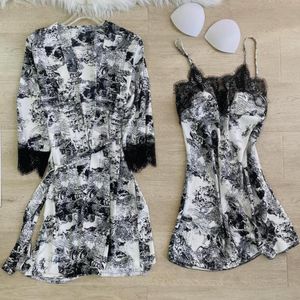 Indumenti da notte da donna in raso NightyRobe Set da donna stampato 2PCS Sleewpear Sexy scollo a V Sleep Casual Kimono Gown Femme Robe Suit Home Wear