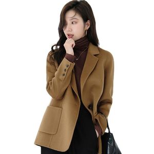 Kadın Yün Karışımları Katlar Khaki Blazer Kaşmir Kat Vintage Çentikli Yaka Cep 2023 Moda Kadın Gündelik Şık Üstler Takım