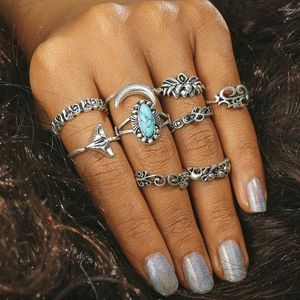 Eheringe Blaue Perlen Ring Sets Mittelfinger Schmuck Antik Silber Farbe Mond Blume Blatt Lotus Elefant Fisch Knuckle für Frauen 9 Stück