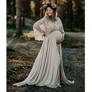 Elegant spets och chiffong Maternity Wedding Sexig V Neck Maxi klänning långärmad graviditetsklänning för fotografering 328 328