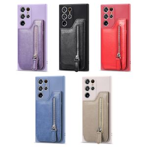 Stoßfeste Handyhüllen für Samsung Galaxy S22 S21 S20 Note20 Ultra Note10 Plus, einfarbig, weiche TPU-PU-Leder-Schutzhülle mit Reißverschluss, Kartenpaket