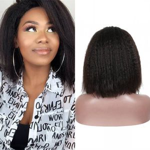 منغولي غريب kinky bob bobs 13x4 corse yaki yaki القصيرة الباروكة الأمامية للنساء السود