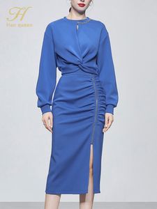 İki parçalı elbise H Han Queen Sonbahar Kadın 2 adet set düğümlü gevşek kırpılmış sweatshirt vintage bölünmüş kalem etek Koreli basit etek takım 230217