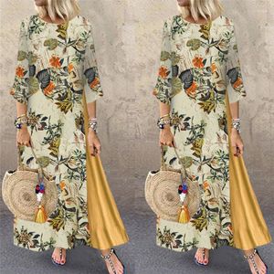 Abiti casual Abito lungo lungo in lino Bohemian Beach Donna Mezza manica floreale Cuciture larghe Boho Vestito estivo Abiti Plus Size 5XL