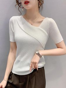 T-shirt da donna Camicia bianca 2023 Top lavorati a maglia per donna Estate Sottile colletto obliquo Maglietta a maniche corte Abbigliamento donna Tee Femme