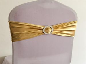 10st 50st Metallic Gold Silver Lycra Spandex Chair Bow Sash Band med rund spänne för bankettevenemang bröllop slips 220811622690