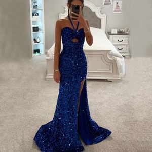 Halter Evening Dresses Mermaid Long Backless Sequins Robe de soire Prom Party Gowns With Slit