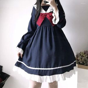 Abiti casual Lolita 2023 Abito in stile giapponese Studenti Sailor Collar Bowknots Ruffles Cute Blu Blue Costumi 11A080